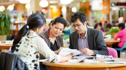 A group of adult students from diverse backgrounds discussing educational materials in a vibrant library setting.