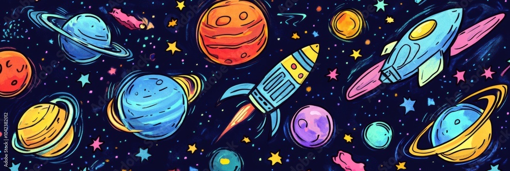 Aufkleber cosmic-themed doodles display an imaginative arrangement of planets, stars, rockets, and asteroids a