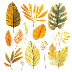 Fototapeta premium A collection of vibrant tropical leaves in warm tones of yellow and orange, delicately hand-painted in watercolor. The dry leaves' abstract shapes pop against the isolated white background, perfect