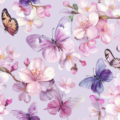 A charming seamless pattern of spring sakura blossoms and colorful butterflies, beautifully hand-painted in watercolor. The soft pink flowers are complemented by a lilac background, creating a fresh