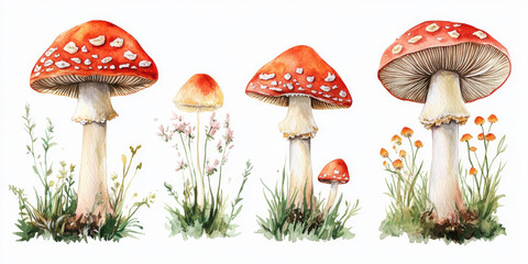 A watercolor set of fly agaric mushrooms illustrated in various poses, from overhead views to side profiles, complemented by sprigs of grass and woodland flowers. The detailed hand-painted textures