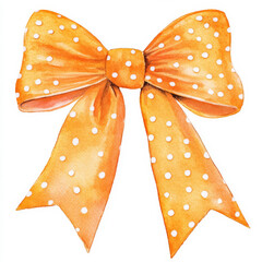 A playful watercolor painting of an orange polka-dotted bow, tied with neat loops and hanging ribbons, isolated on a white background. The hand-drawn bow brings charm to any creative project.