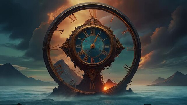 Time running out against climate change. A colossal, ornate clock stands at the center of a surreal landscape, its face split between day and night.