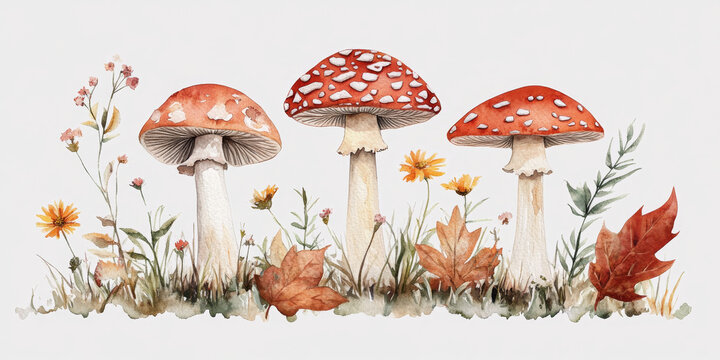 A delicate watercolor illustration of three fly agaric mushrooms in various stages of growth, accented by dew-kissed wildflowers and fallen leaves, ideal for invitations with a woodland theme. Gentle