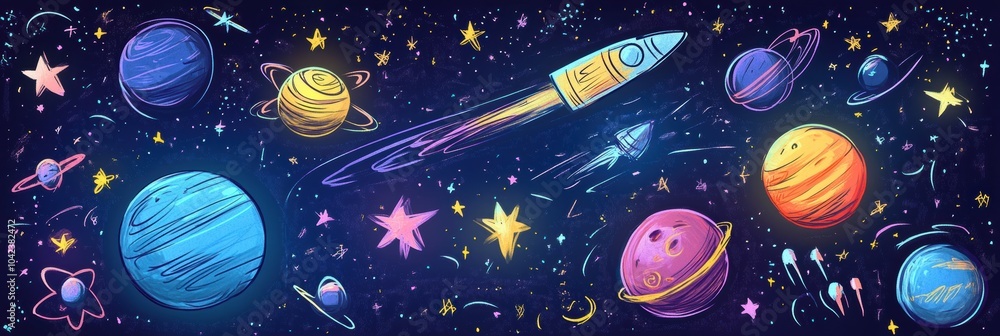 Poster a collection of vibrant doodles features planets, stars, rockets, and asteroids, creating a playful 