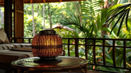 A woven lantern casts a warm glow on a tropical patio, surrounded by lush greenery, creating a serene and inviting atmosphere.