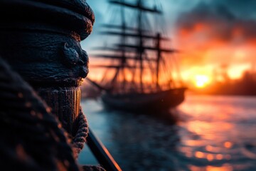 Obraz premium A magnificent silhouette of an old ship captured sailing quietly into the glowing setting sun over calm waters, evoking a sense of exploration and nostalgia.