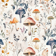 Hand-painted forest mushrooms such as puffballs and amanitas in a seamless watercolor pattern. The realistic flora design brings a forest floor vibe to fabric or wallpaper, ideal for home decor.