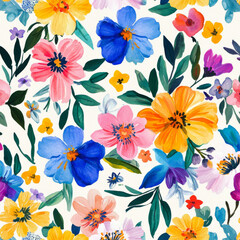 An enchanting seamless pattern featuring a medley of hand-painted watercolor flowers in rich, vibrant colors. This floral backdrop creates a lively summer atmosphere, ideal for wallpapers, fabric