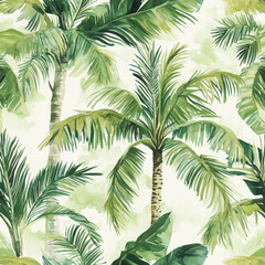 Fototapeta premium A creative tropical pattern of exotic palm trees intertwined with jungle plants, painted in watercolor. The seamless design showcases detailed leaves in soft greens, evoking a breezy summer atmosphere