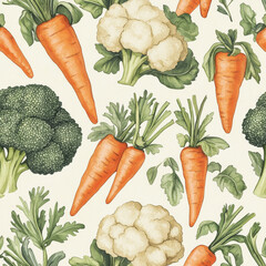 A vibrant seamless pattern of carrots, broccoli, and cauliflower, all hand-painted in realistic watercolor. The botanical background is perfect for a fresh and funny kitchen design.