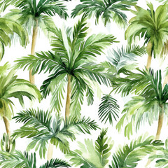 Fototapeta premium Watercolor illustration of a seamless tropical pattern with exotic palm trees and bold jungle foliage. The vibrant green leaves and soft watercolor textures create a summer vibe, ideal for