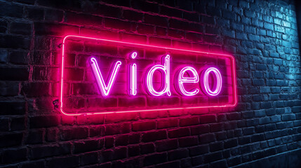 A neon sign that reads “video” in pink letters. The sign is illuminated and is on a brick wall.