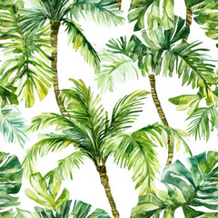 Fototapeta premium Watercolor illustration of a seamless tropical pattern with exotic palm trees and bold jungle foliage. The vibrant green leaves and soft watercolor textures create a summer vibe, ideal for