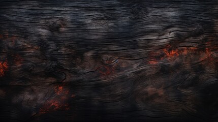 Dark wooden background with burned wood texture, burning flames
