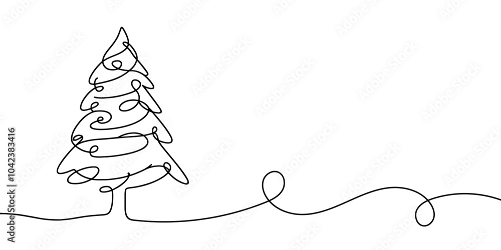 Poster continuous linear drawing of christmas tree. one line drawing christmas tree. christmas tree in one 