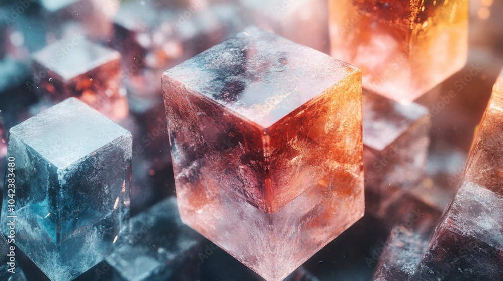 Aufkleber Colorful frozen cubes create an abstract arrangement, reflecting light in a vivid display. The artwork captures an icy, dynamic atmosphere with varying hues and textures.