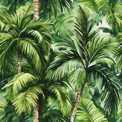 Fototapeta premium Seamless watercolor pattern featuring tropical palm trees and lush jungle foliage. The vibrant green hues and detailed leaf textures create a refreshing summer feel, making it perfect for creative