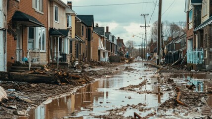 Fototapeta premium A residential street devastated by flooding, showing scattered debris and damaged homes, illustrating the severe effects of natural disasters.