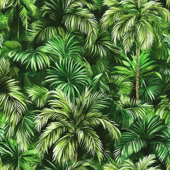 A tropical seamless pattern featuring exotic palm trees, hand-painted in lush green watercolor shades. The design includes creative jungle plants with vibrant leaves, forming a repeating