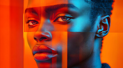 A vibrant, artistic portrait highlighting facial features and colors.