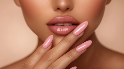 Fototapeta premium Closeup of woman's hand with pink nail polish, touching her lips.