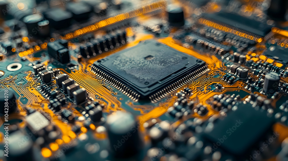 Poster close-up of a microchip on a circuit board showcasing technology.