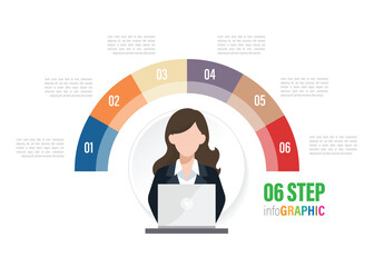 woman employee half circle Pie charts for infographics. Elements with 3, 4, 5, 6, 7, 8, 9, 10 steps, options.