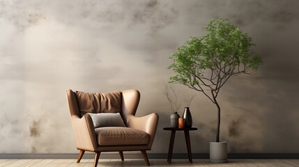 Fototapeta premium This minimalist living room features a wingback armchair near a window, emphasizing clean lines and simplicity.