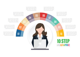 woman employee half circle Pie charts for infographics. Elements with 3, 4, 5, 6, 7, 8, 9, 10 steps, options.