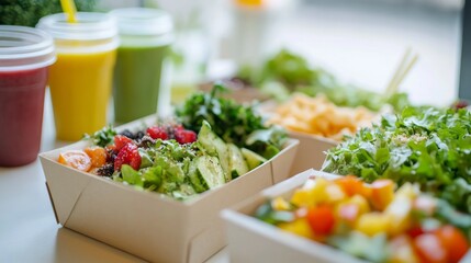 Colorful salads with fresh vegetables and fruit, served in takeaway boxes, with smoothies in the background.