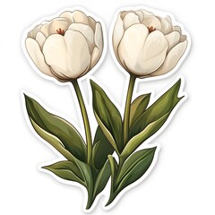 Two elegant white tulips with lush green leaves, showcasing their delicate beauty in a serene composition.