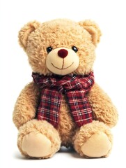 Obraz premium Cute Teddy Bear Wearing a Cozy Plaid Scarf – Perfect Gift for Kids, Holiday Decoration, or Christmas Present. Soft Plush Bear Ideal for Special Occasions and Celebrations