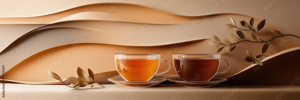 Poster two cups of tea sit elegantly against a backdrop of harmonious lines reminiscent of tea leaves, crea