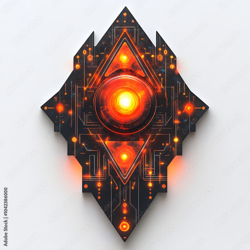 Poster futuristic technological art featuring an intricate design with glowing orange elements and a centra