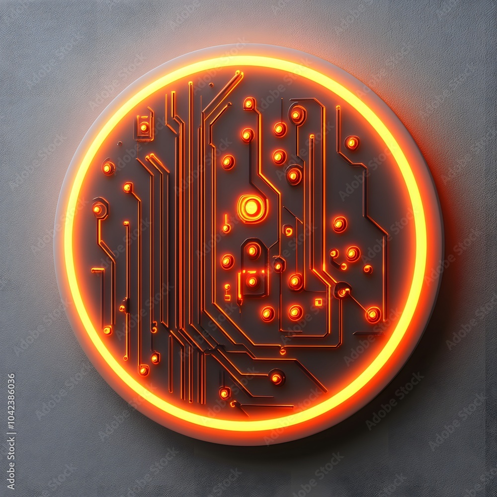 Poster a glowing circular circuit board design with an intricate pattern of lines and nodes, radiating a vi