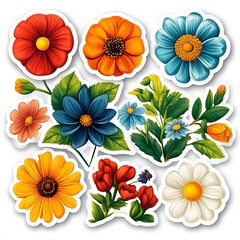 A vibrant collection of assorted flowers featuring red, blue, yellow, and white blooms against a bright background.