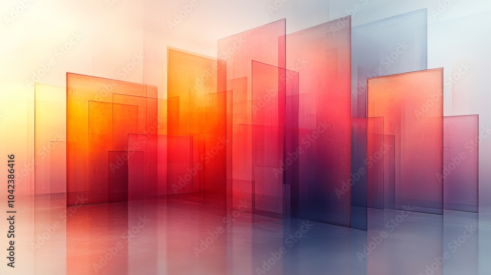 Poster The artwork showcases layers of translucent panels in warm and cool tones, blending harmoniously to create a sense of depth and visual intrigue in a contemporary environment.