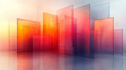 The artwork showcases layers of translucent panels in warm and cool tones, blending harmoniously to create a sense of depth and visual intrigue in a contemporary environment.