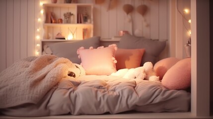 Cozy bed with fluffy pillows, blankets and fairy lights in a bedroom.