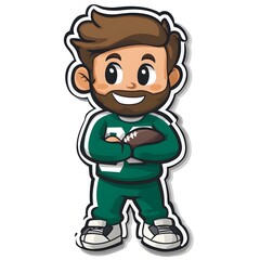Cheerful cartoon boy with a beard, wearing green sportswear and holding a football, ready for a game.