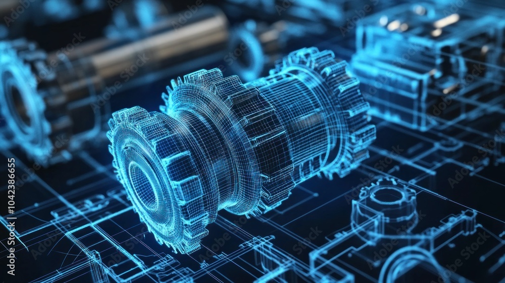Poster d wireframe technology design, showcasing mechanical gears and components on a dark background with 