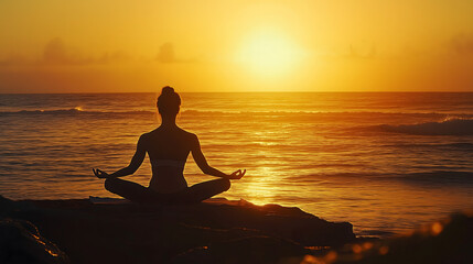 Female figure meditating on the beach overlooking a serene sea at sunset, capturing the essence of peace and reflection for the day of meditation