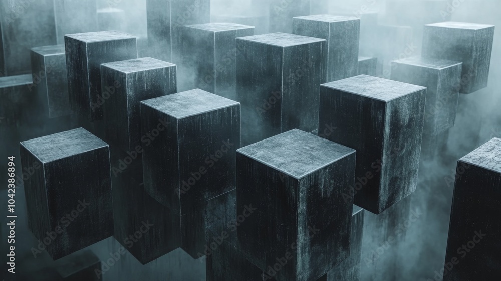 Aufkleber Gray blocks rise amidst swirling mist in a surreal environment, creating an otherworldly atmosphere that invites curiosity and introspection.