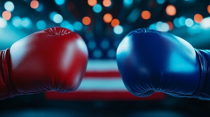 Patriotic competition scene, red vs. blue boxing gloves poised to clash, abstract flag-inspired background, close-up detail, intense lighting