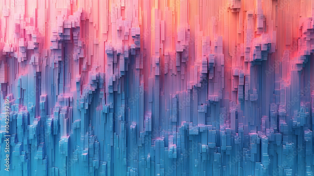 Poster abstract colorful 3d landscape with vertical structures and gradients.