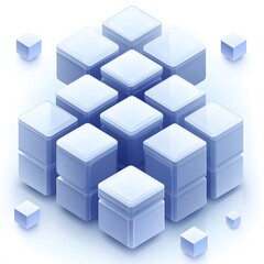 A 3D representation of translucent blue cubes arranged in a geometric pattern, creating a modern and sleek aesthetic.