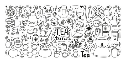 Hand drawn tea with honey doodle set with hive, honeycombs, barrel, lemon slices, cups, kettle, flowers, glass jar.