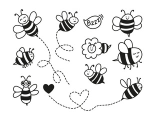 Hand drawn bee character collection. Nature insects doodle illustration