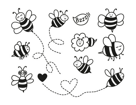 Hand drawn bee character collection. Nature insects doodle illustration